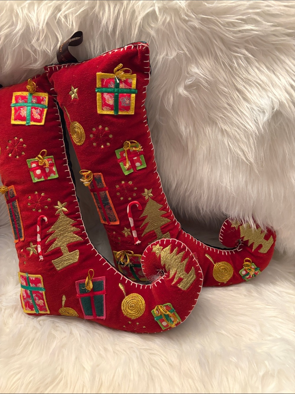 Festive Red Holiday Stocking Pillows with Gift & Tree Embellishments